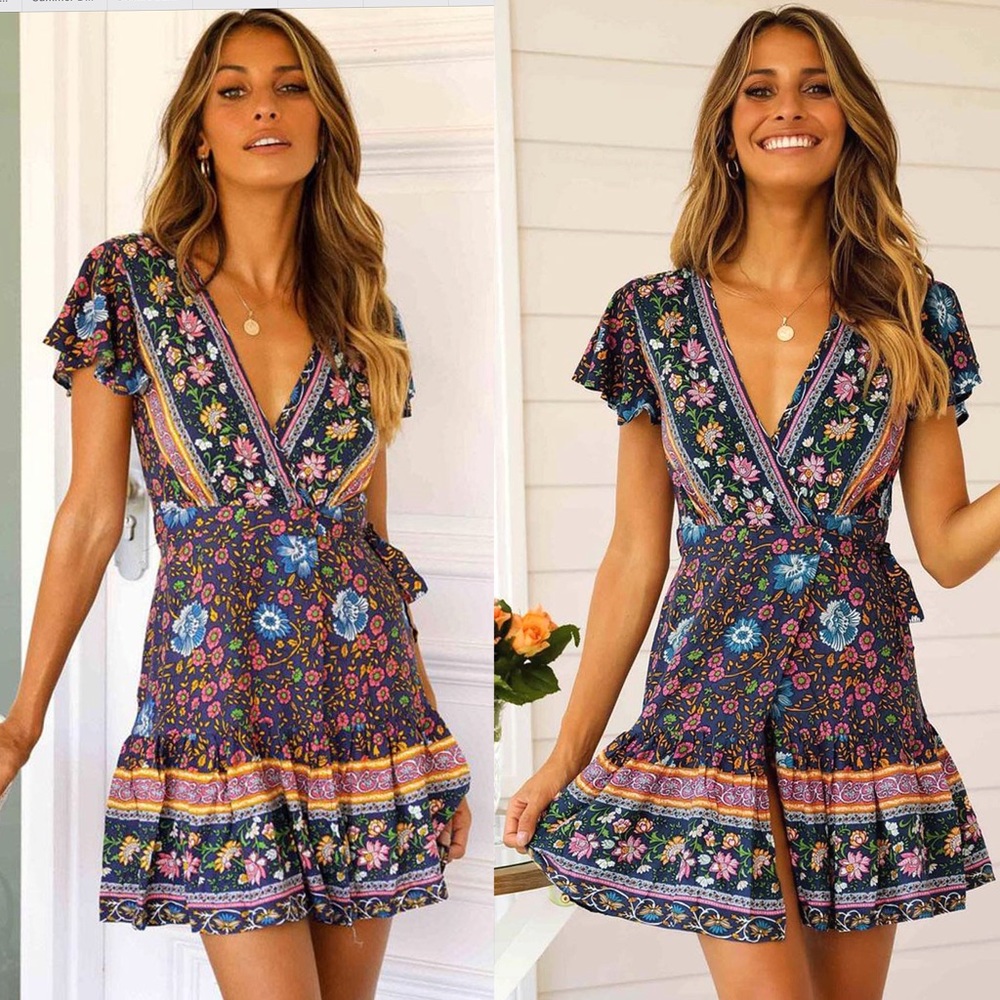Moody Floral Wrap Dress Blue Boho Mini Dress - Picture 3 of 7